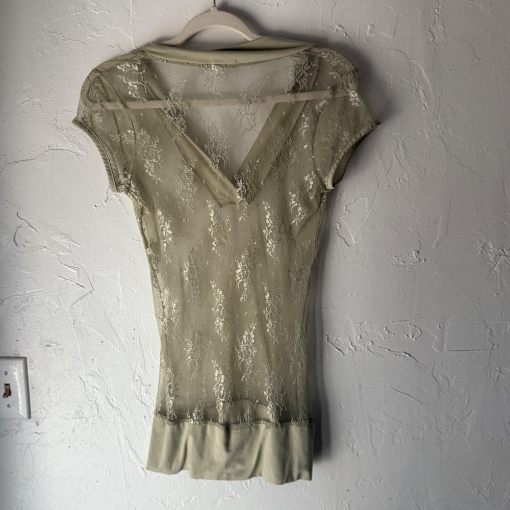 Studio Y Y2k Sage‎ Green Lace Top Sheer V Neck Short Sleeve Tunic Blouse Fairy - Picture 5 of 7